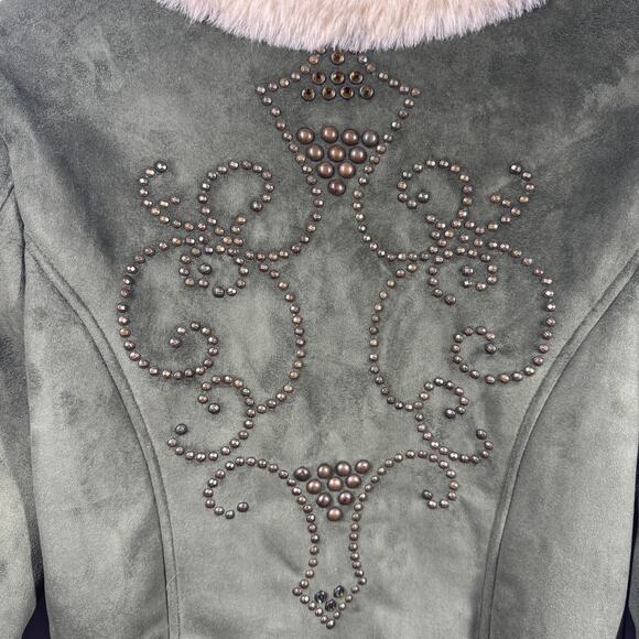 Bejeweled by Susan Fixel Jacket Women S Faux Suede Olive Green Military Y2K - Picture 7 of 9